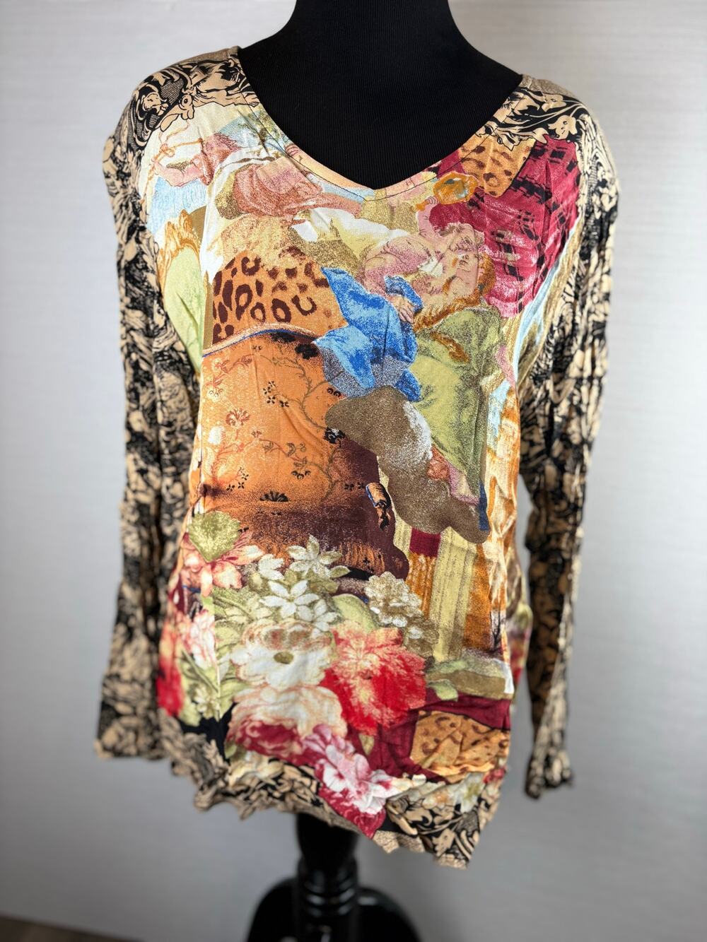 Vintage Carole Little Petites baroque cherub floral dress shirt women's size 10